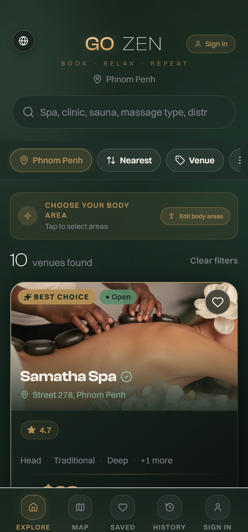 GOZEN app — browse spas & clinics