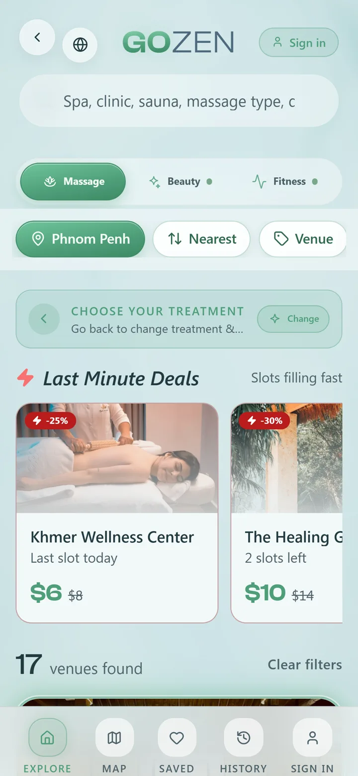 GOZEN app — browse spas & clinics